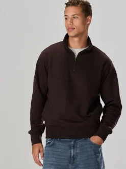 Chocolate Brown Quarter Zip Cotton Rich Jersey Sweatshirt