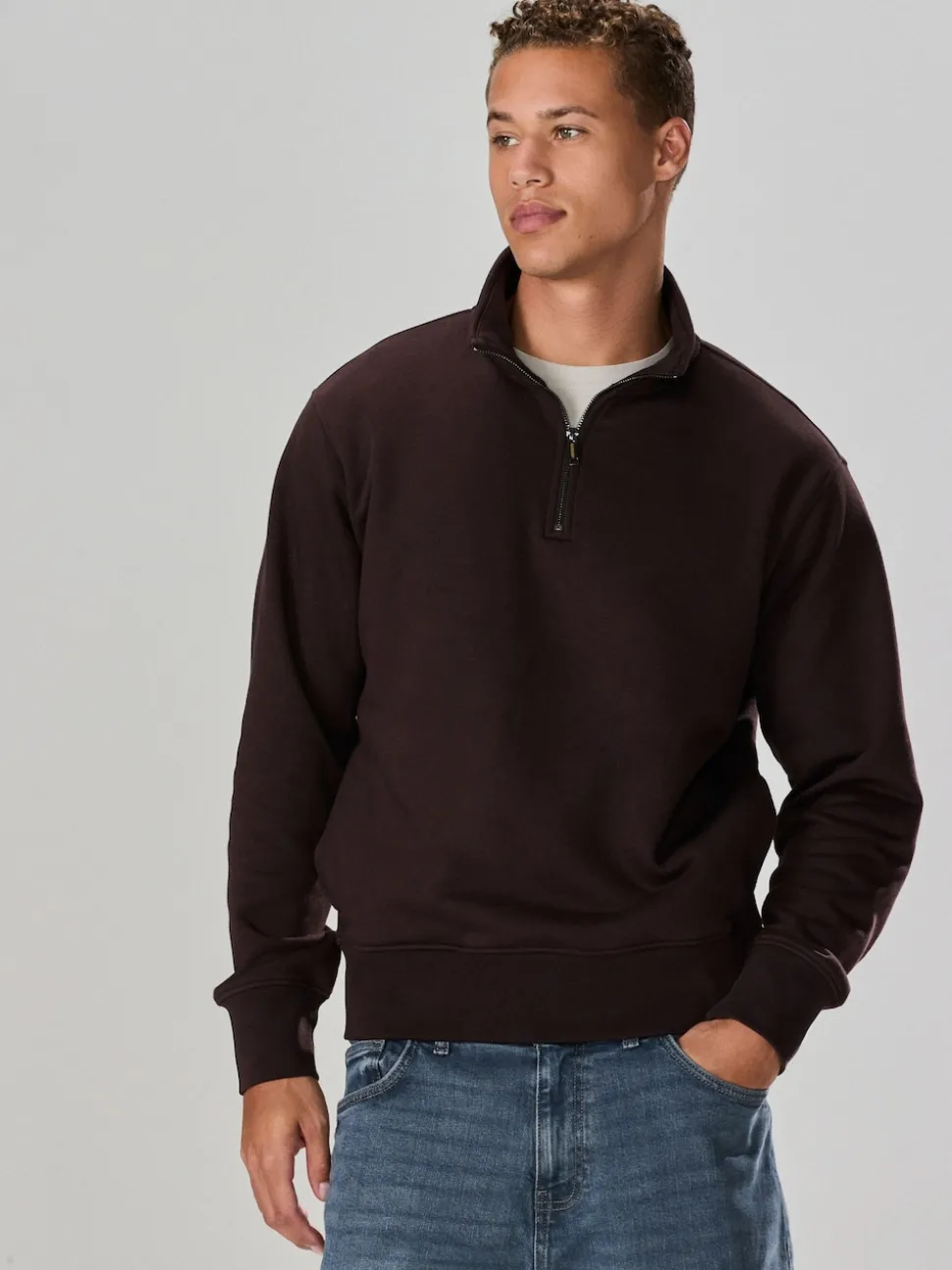 Chocolate Brown Quarter Zip Cotton Rich Jersey Sweatshirt