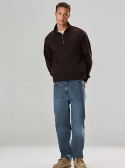 Chocolate Brown Quarter Zip Cotton Rich Jersey Sweatshirt