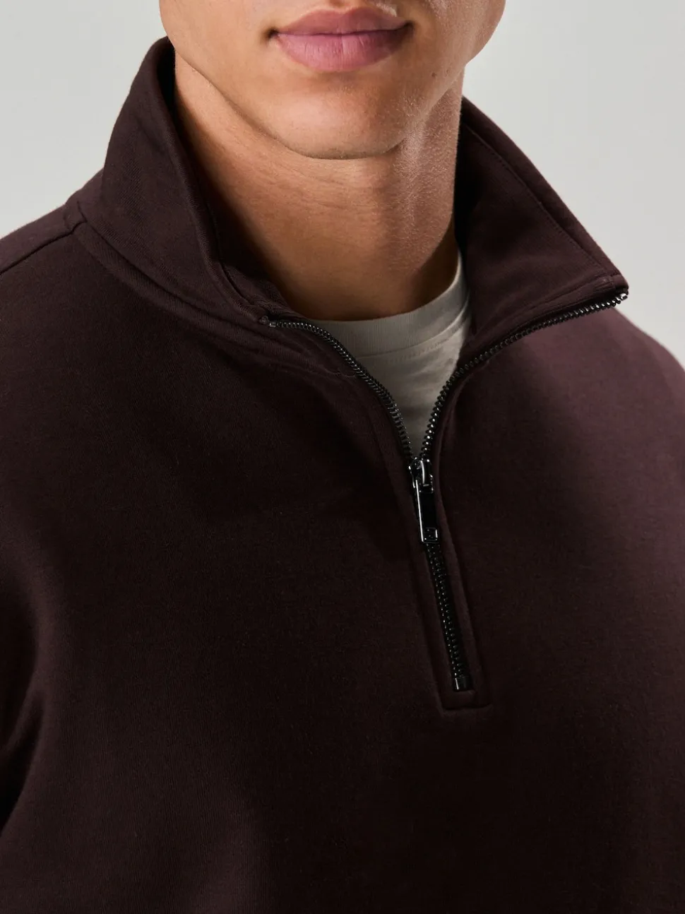 Chocolate Brown Quarter Zip Cotton Rich Jersey Sweatshirt