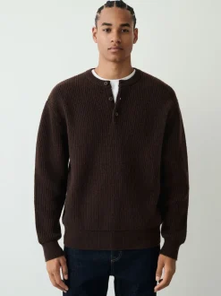 Chocolate Brown Relaxed Fit Ribbed Grandad Collar Jumper with Wool