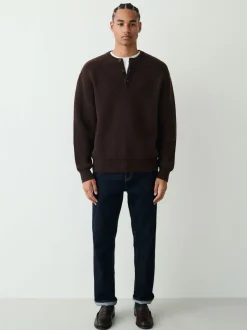 Chocolate Brown Relaxed Fit Ribbed Grandad Collar Jumper with Wool