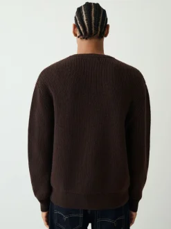 Chocolate Brown Relaxed Fit Ribbed Grandad Collar Jumper with Wool