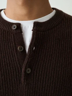 Chocolate Brown Relaxed Fit Ribbed Grandad Collar Jumper with Wool