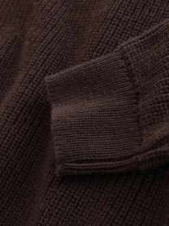 Chocolate Brown Relaxed Fit Ribbed Grandad Collar Jumper with Wool