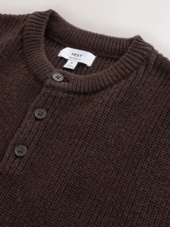 Chocolate Brown Relaxed Fit Ribbed Grandad Collar Jumper with Wool