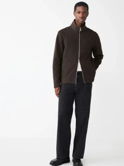 Chocolate Brown Wool Look Zip Through Funnel Fleece