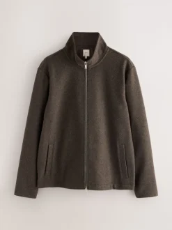 Chocolate Brown Wool Look Zip Through Funnel Fleece