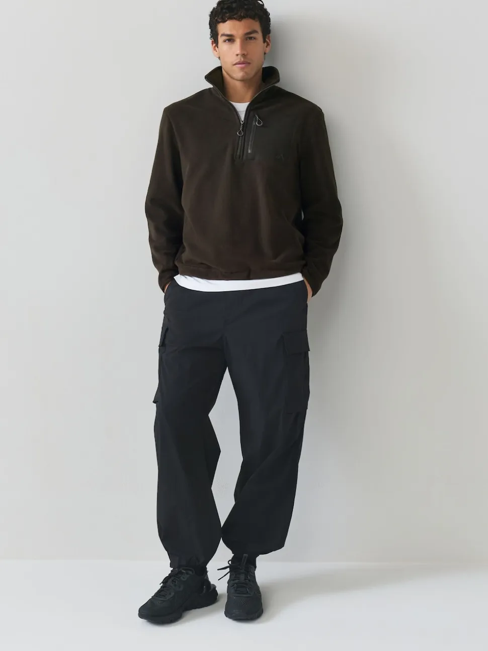 Chocolate Brown Zip Neck Utility Style Polar Fleece