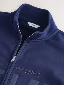 Cobalt Blue Funnel Neck Zip Through with Graphic Print Sweat Top