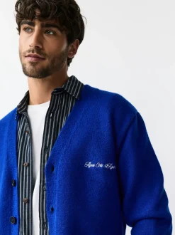 Cobalt Blue Regular Fit Embroidered Chest Motif Cardigan