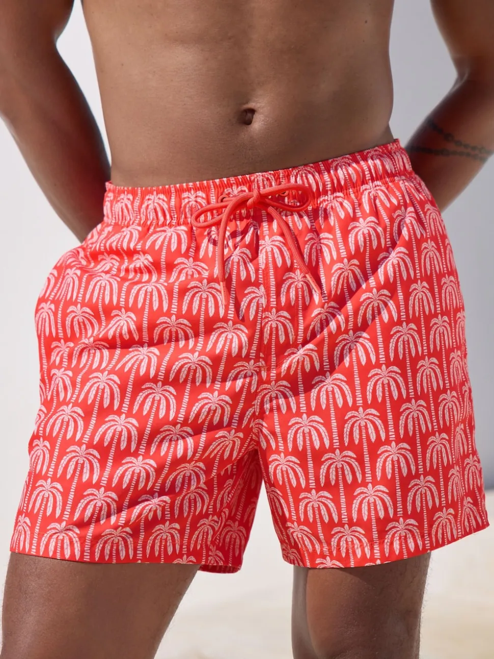 Coral Pink Palm Printed Swim Shorts