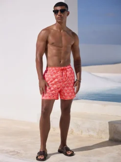 Coral Pink Palm Printed Swim Shorts