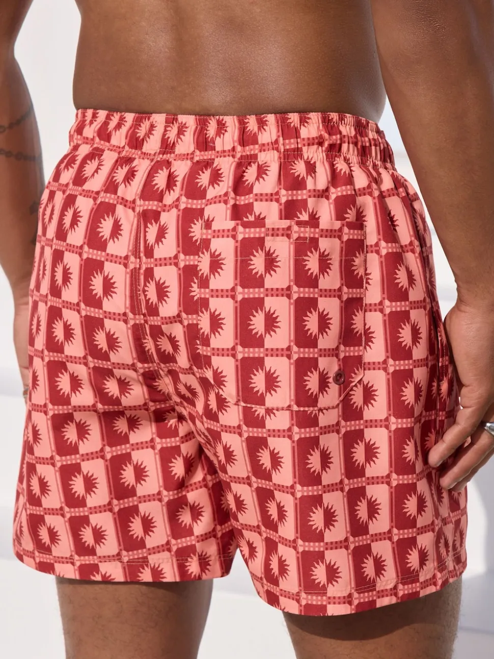 Coral Pink Sun Geometric Printed Swim Shorts