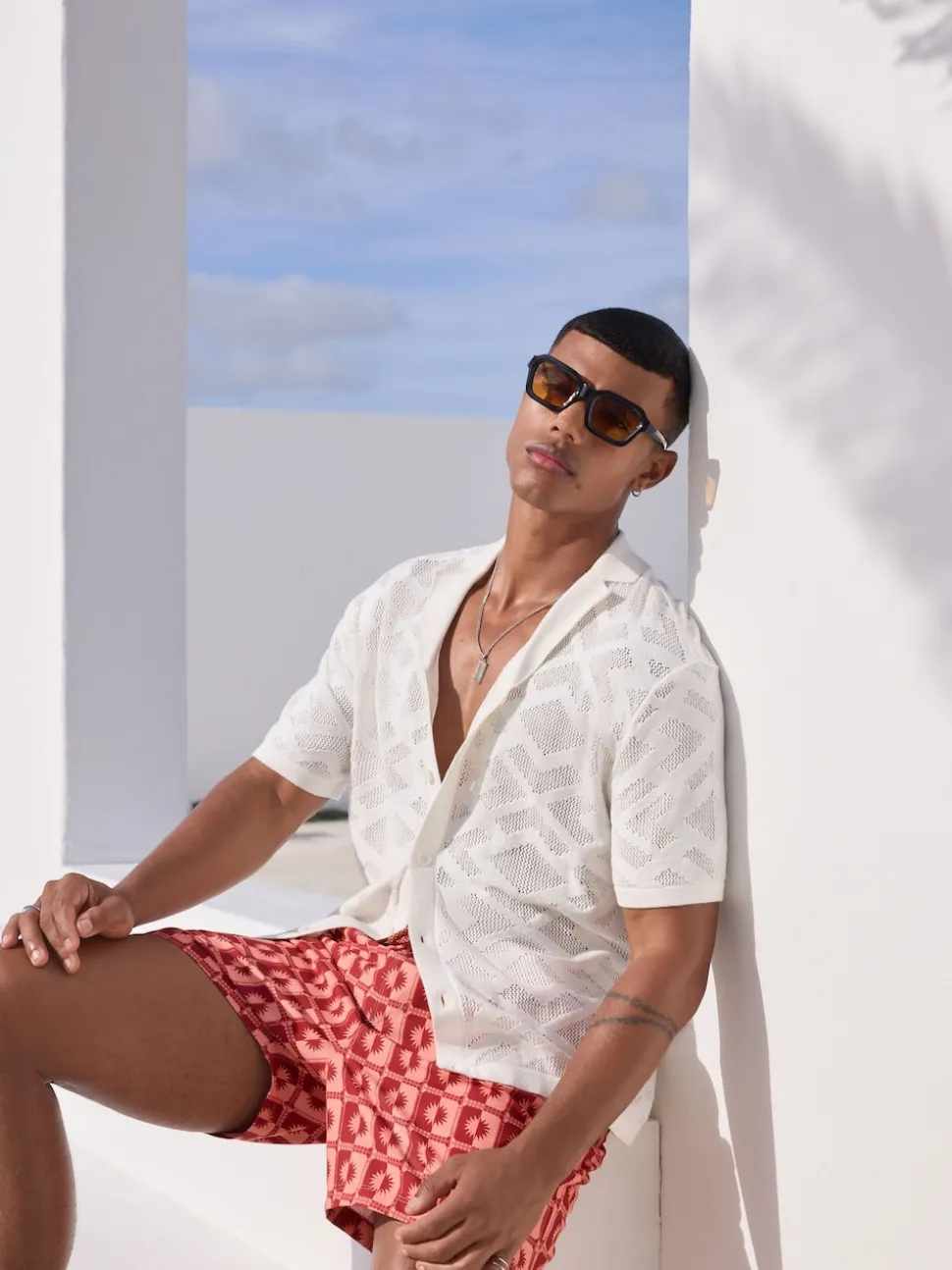 Coral Pink Sun Geometric Printed Swim Shorts
