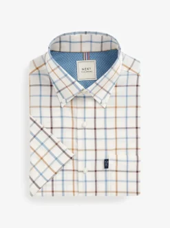 Cream/Blue Tattersall Check Easy Iron Button Down Short Sleeve Oxford Shirt