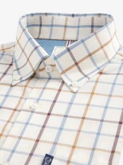 Cream/Blue Tattersall Check Easy Iron Button Down Short Sleeve Oxford Shirt