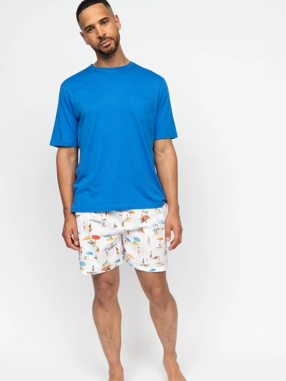 Cyberjammies Blue Mens Printed Bottoms and Solid Jersey T-Shirt Pyjamas Set