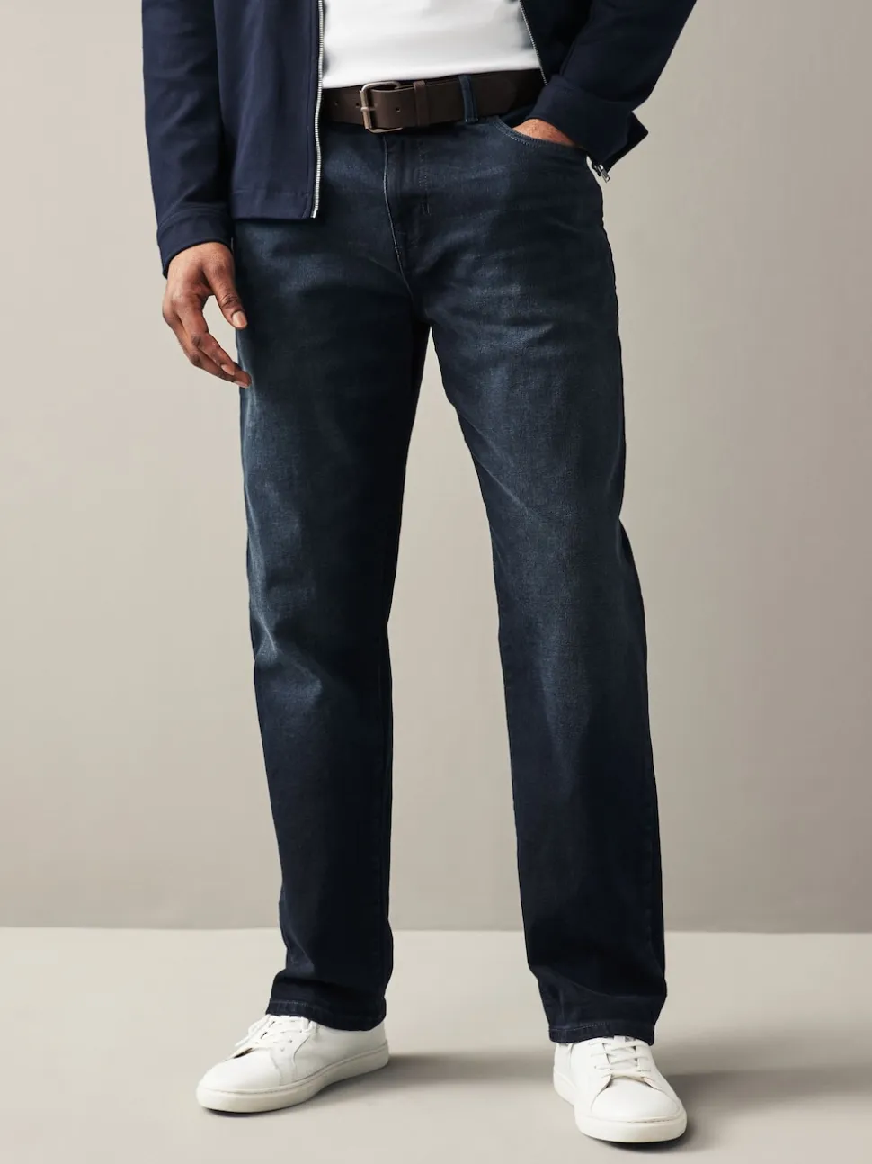 Dark Blue Straight Fit Belted Authentic Jeans