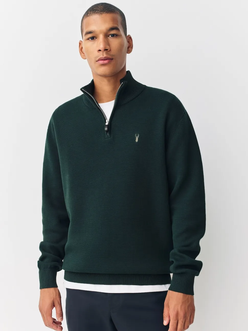 Dark Green Stag Logo N.Premium Regular Fit 100% Cotton Premium Quarter Zip Jumper