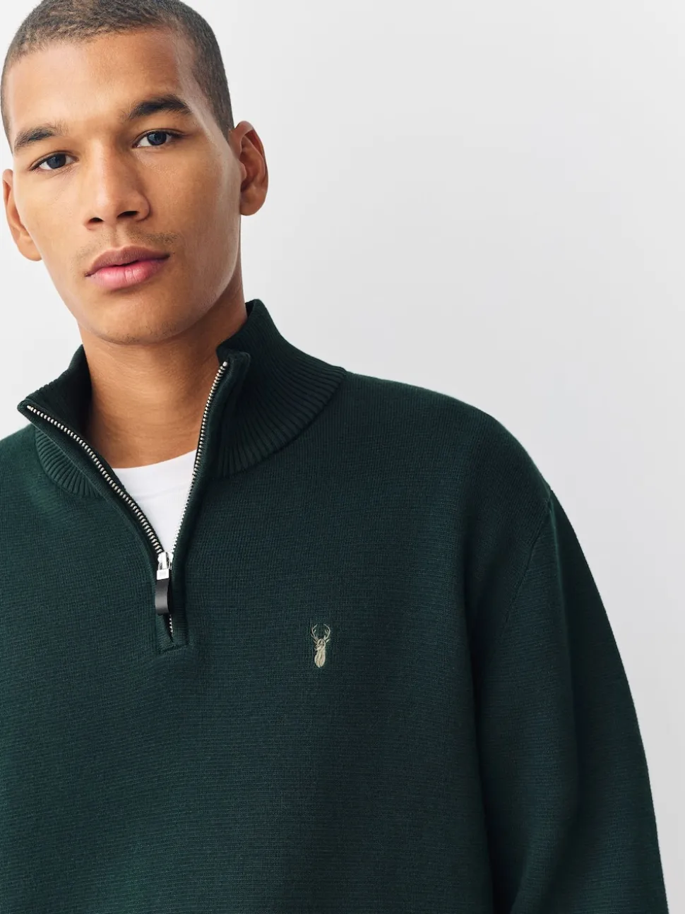 Dark Green Stag Logo N.Premium Regular Fit 100% Cotton Premium Quarter Zip Jumper