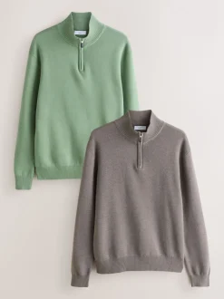 Dark Stone/Sage Green N.Premium 100% Cotton Regular Fit Premium Quarter Zip Jumpers 2 Pack