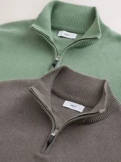 Dark Stone/Sage Green N.Premium 100% Cotton Regular Fit Premium Quarter Zip Jumpers 2 Pack