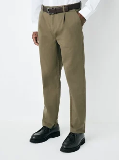 Dark Tan Straight Fit Belted Soft Touch Pleated Chino Trousers