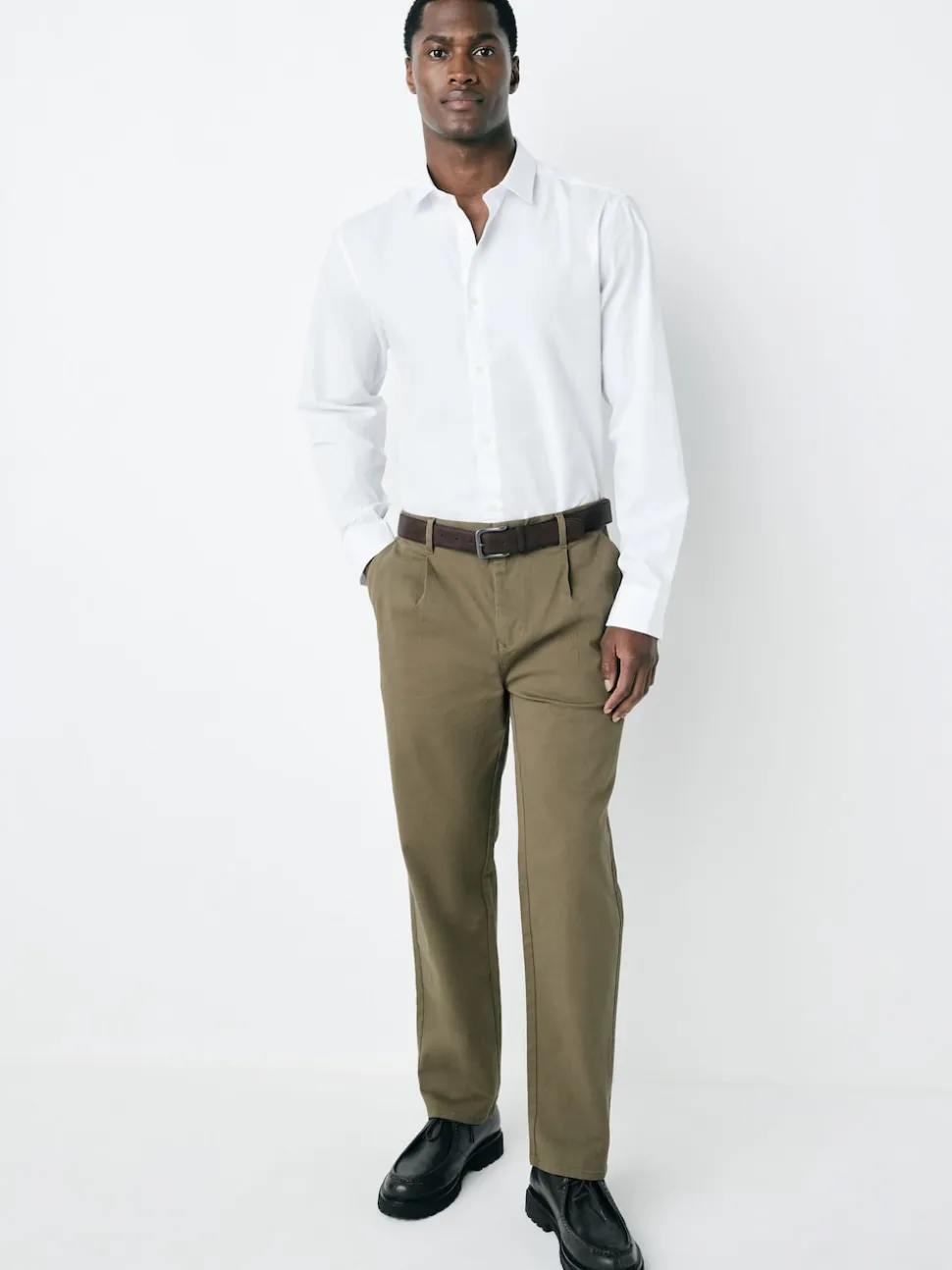 Dark Tan Straight Fit Belted Soft Touch Pleated Chino Trousers