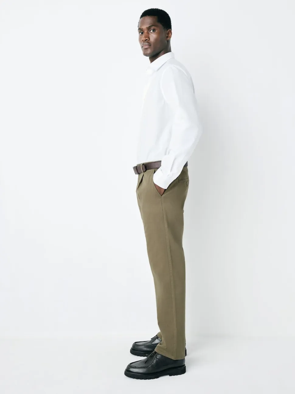 Dark Tan Straight Fit Belted Soft Touch Pleated Chino Trousers