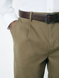 Dark Tan Straight Fit Belted Soft Touch Pleated Chino Trousers