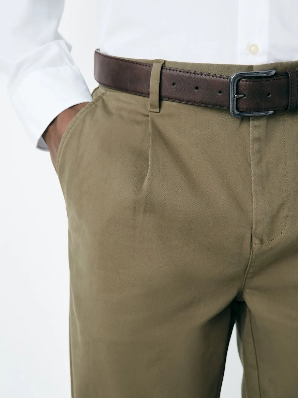 Dark Tan Straight Fit Belted Soft Touch Pleated Chino Trousers