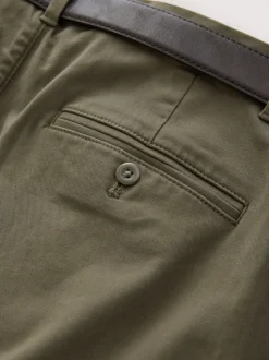 Dark Tan Straight Fit Belted Soft Touch Pleated Chino Trousers