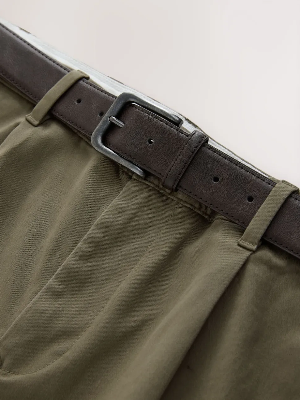 Dark Tan Straight Fit Belted Soft Touch Pleated Chino Trousers