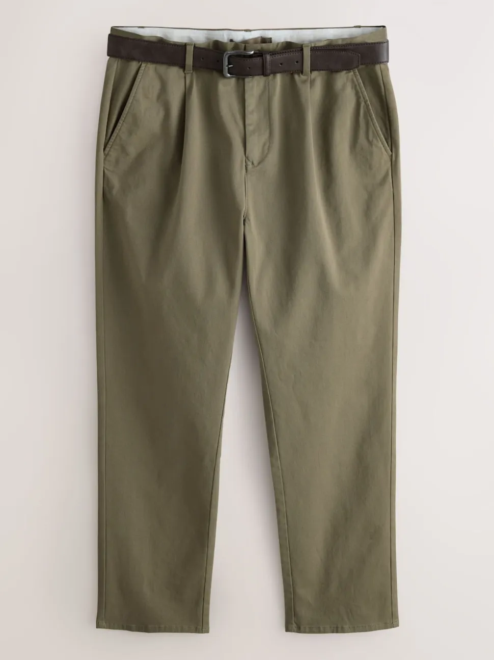 Dark Tan Straight Fit Belted Soft Touch Pleated Chino Trousers