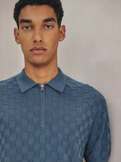 Denim Blue N.Premium Regular Fit Checkerboard Knitted Short Sleeve Zip Neck Polo Shirt