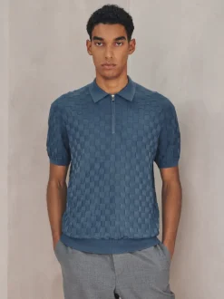 Denim Blue N.Premium Regular Fit Checkerboard Knitted Short Sleeve Zip Neck Polo Shirt