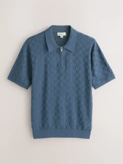 Denim Blue N.Premium Regular Fit Checkerboard Knitted Short Sleeve Zip Neck Polo Shirt