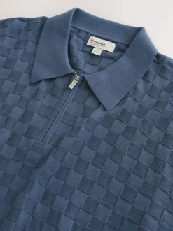 Denim Blue N.Premium Regular Fit Checkerboard Knitted Short Sleeve Zip Neck Polo Shirt