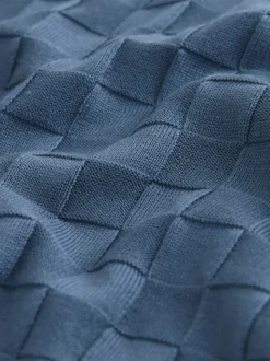 Denim Blue N.Premium Regular Fit Checkerboard Knitted Short Sleeve Zip Neck Polo Shirt