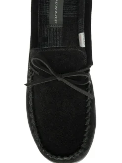 Dunlop Black Suede Lace-Up Moccasin Full Slippers