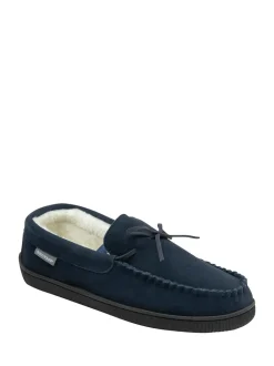 Dunlop Blue Mens Faux Fur Lined Leather Moccasin Slippers
