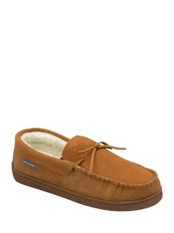 Dunlop Brown Mens Faux Fur Lined Leather Moccasin Slippers