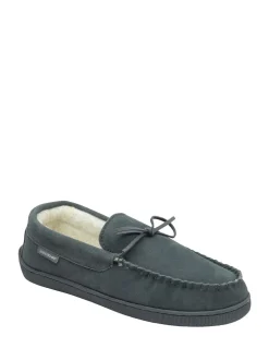 Dunlop Grey Mens Faux Fur Lined Leather Moccasin Slippers