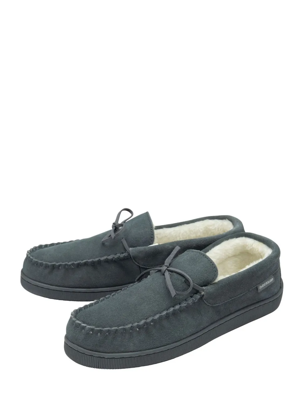 Dunlop Grey Mens Faux Fur Lined Leather Moccasin Slippers