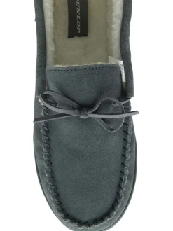 Dunlop Grey Mens Faux Fur Lined Leather Moccasin Slippers