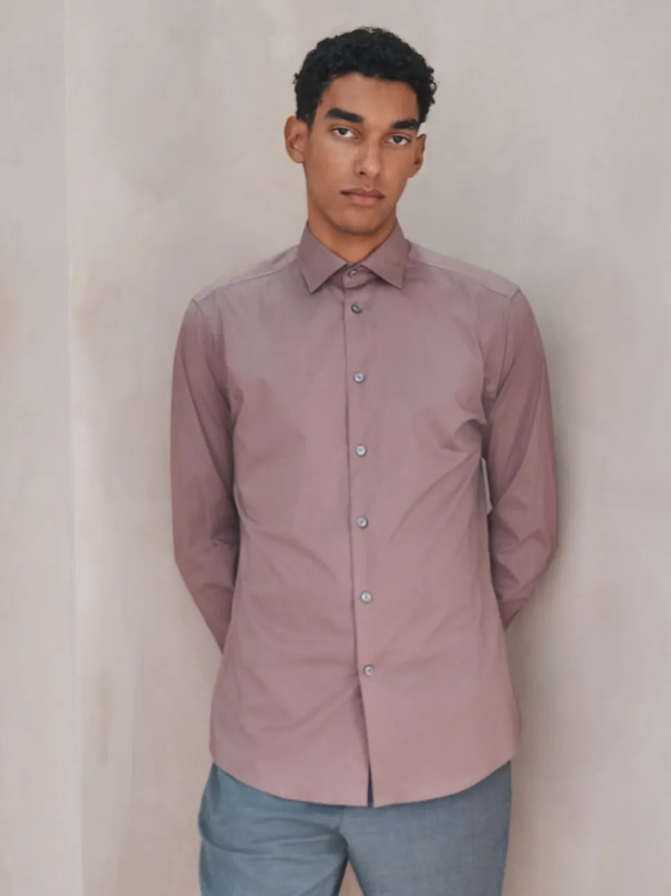 Dusky Pink Slim Fit Cotton Stretch Long Sleeve Formal Shirt
