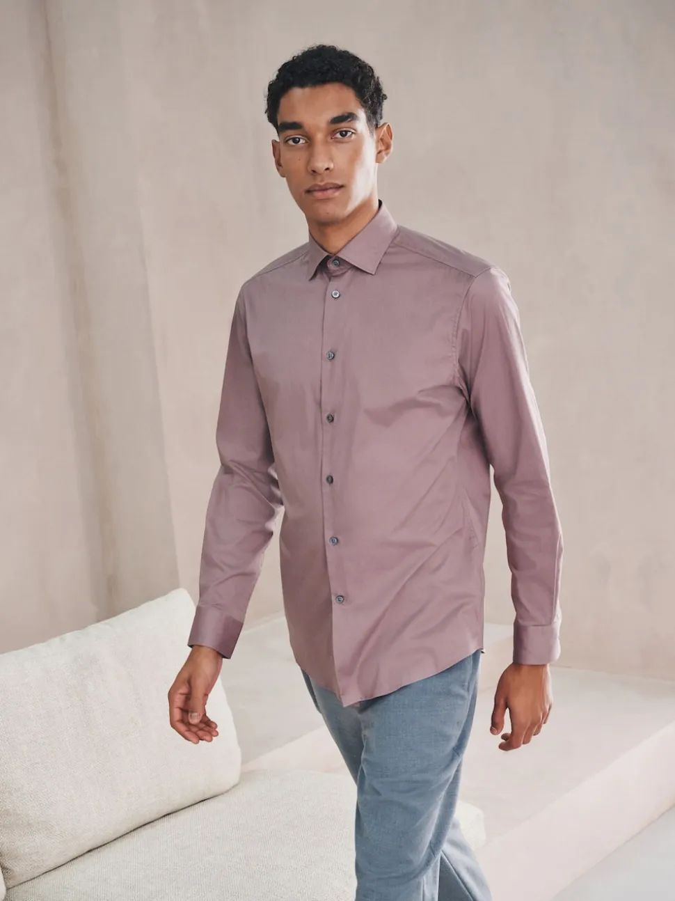 Dusky Pink Slim Fit Cotton Stretch Long Sleeve Formal Shirt