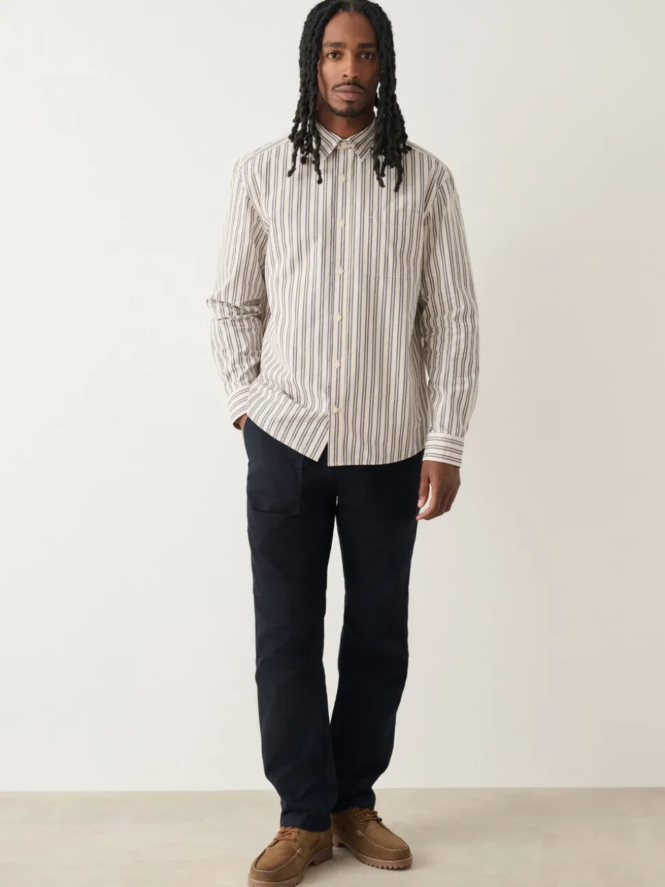 Ecru Cream Poplin Stripe Long Sleeve Shirt