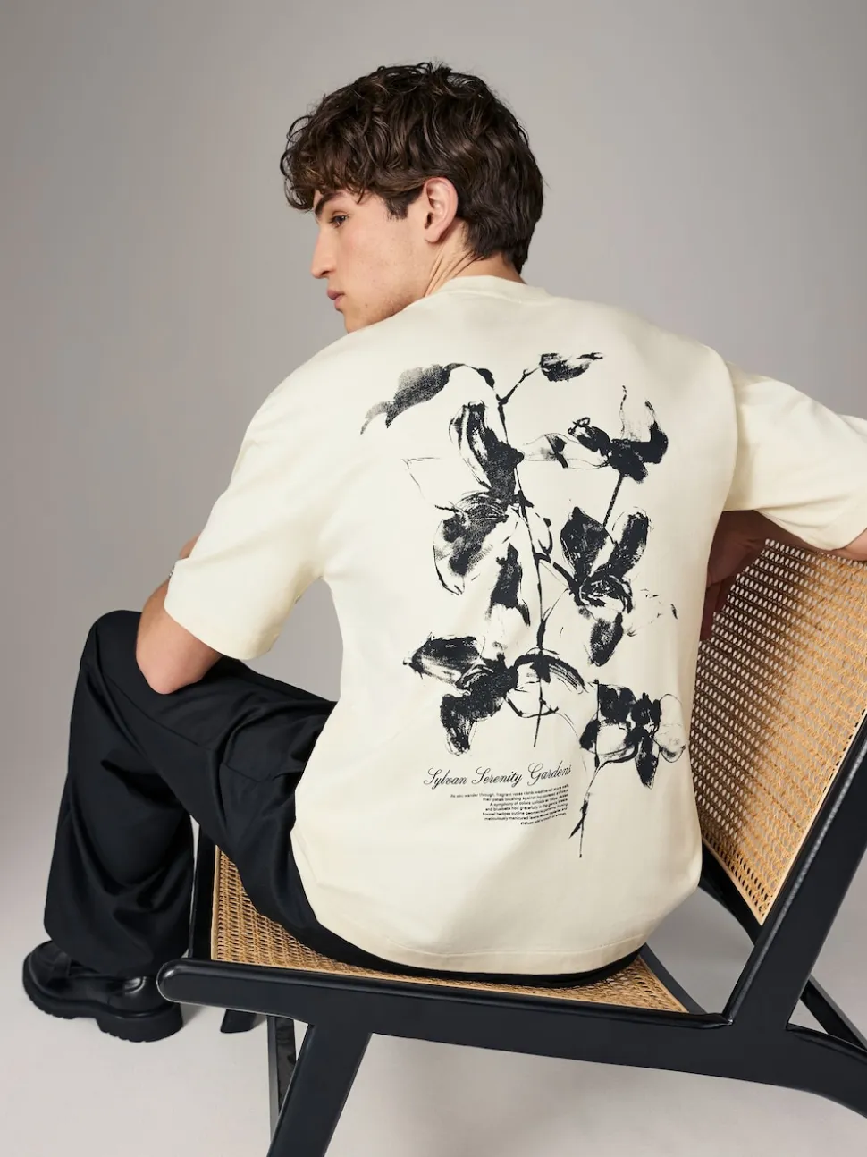 Ecru Floral Relaxed Fit Graphic Print Heavy Weight T-Shirt